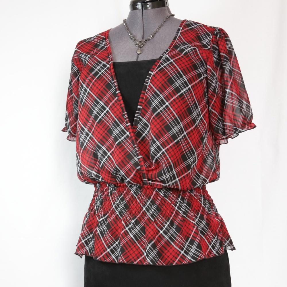 FANG Sheer Plaid Low Surplice Neck Top